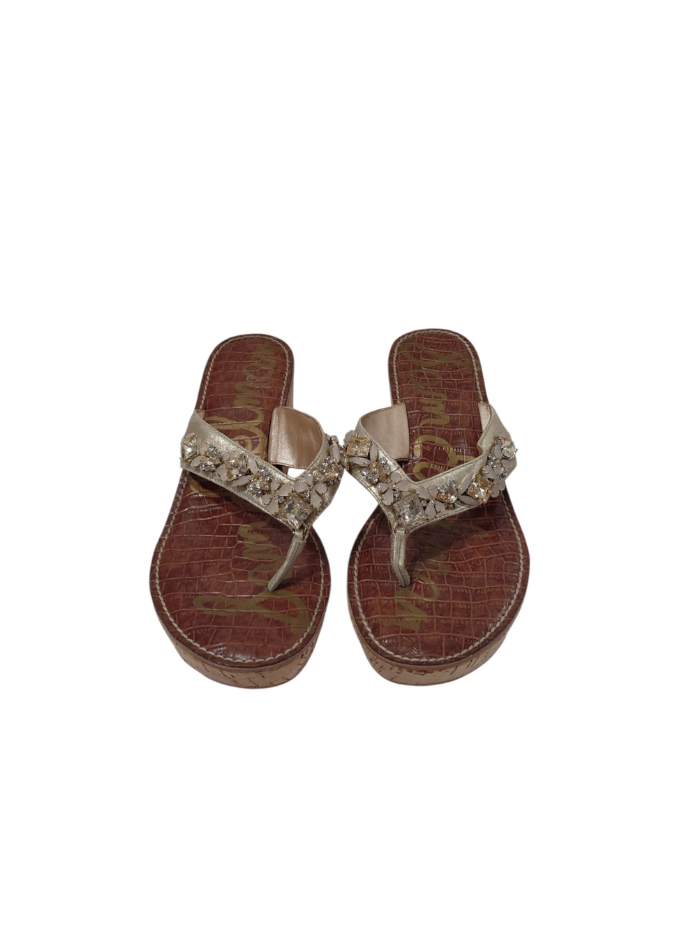 Sam Edelman Beige Jeweled Wedge Thong Sandals